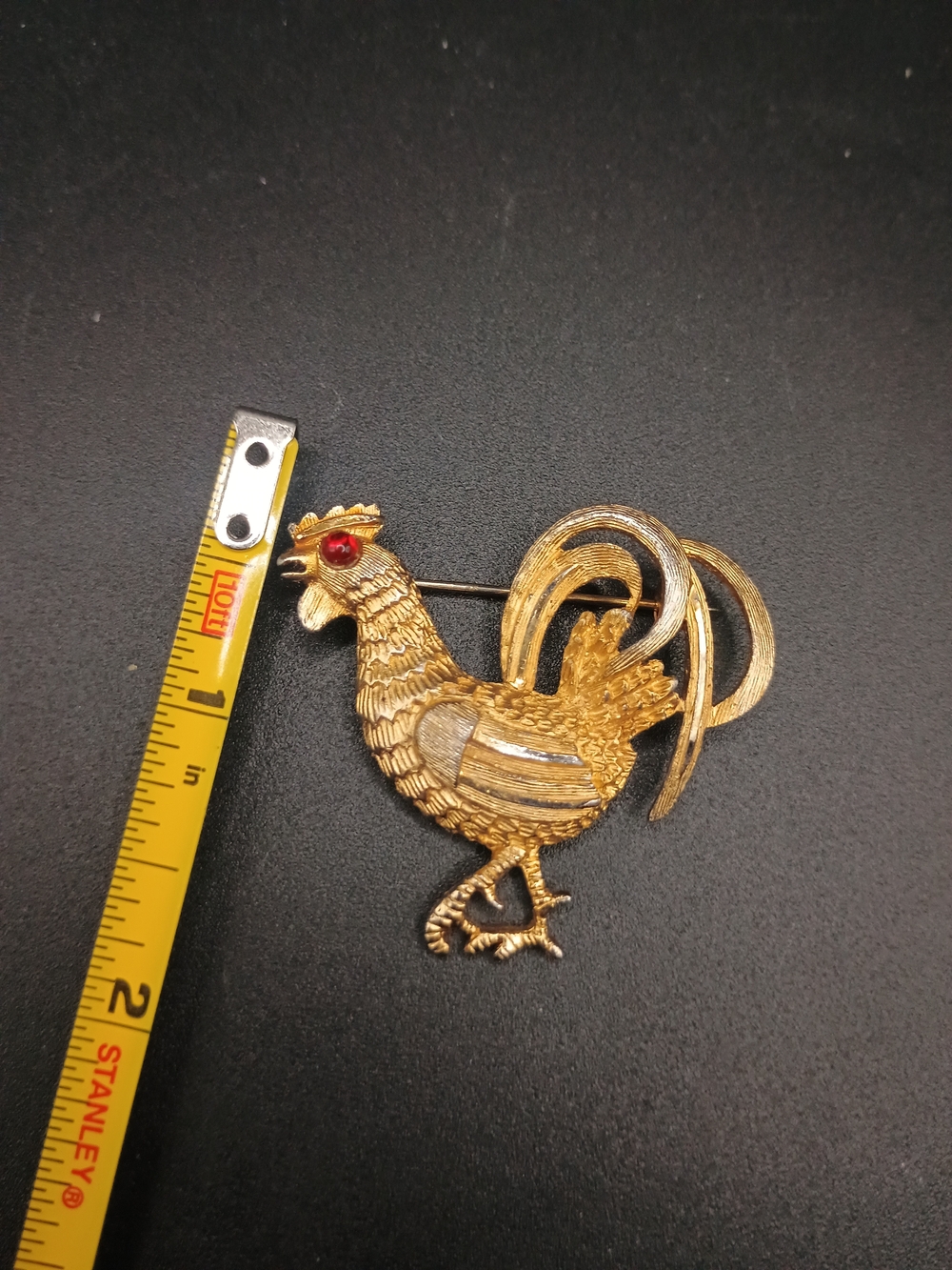 Gold-tone Rooster Brooch with Red Eye